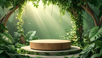 Wooden podium lush green vines glowing leaves soft sunlight nature inspired forest round stage tropical foliage natural light peaceful atmosphere. round wooden podium encircled by lush green vines