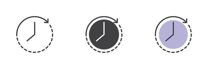 Clock progress icon set in line, solid and filled outline style