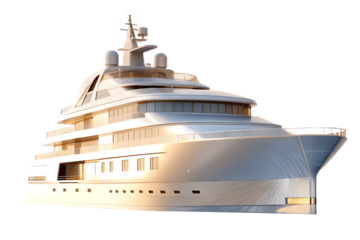 Large white luxury yacht with multiple decks isolated on a transparent background