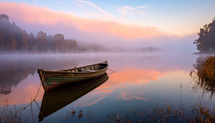 Single rowboat on foggy lake with ethereal dreamy sunrise, peaceful calm water, soft pastel colors, tranquil nature, serene landscape reflection