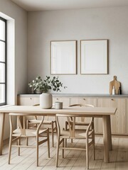 Fototapeta premium Two mockup poster frames hanging above a Scandinavian-style dining area with minimalist decor, natural wood furniture, and soft neutral tones