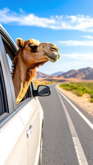 Camel looking out car window desert road