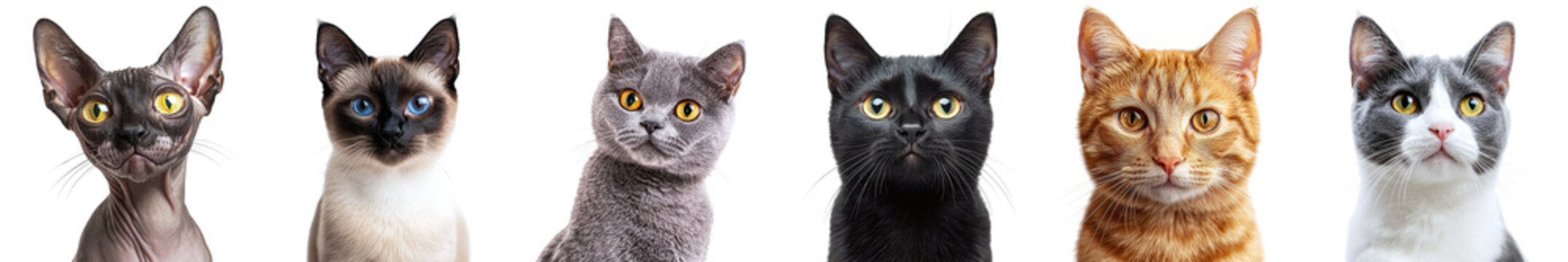 Set of portraits of cute cats of different breeds isolated on transparent background PNG