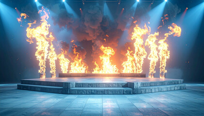 Firefly stone stage encircled by blazing fire dramatic smoke background high contrast intense lighting performance atmosphere excitement energy indoor event