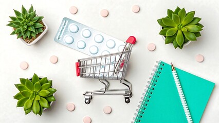 Mini shopping cart with pills and plants on desk

