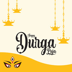 Happy Durga Puja green festive greeting card. white and yellow decorative background with floral patterns and diya illustration, featuring elegant white text . Template Design with Goddess Durga . 