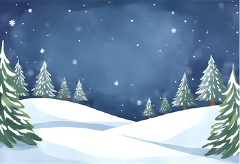 beautiful drawing/painting/illustration of a snowy coniferous forest