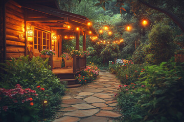 Cozy Cottage with Glowing Garden Lights