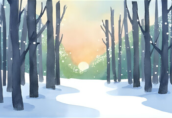 beautiful drawing/painting/illustration of the sunset in a forest in winter