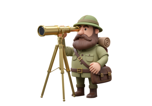 Isolated explorer uses telescope on tripod while traveling for adventure observation outdoors