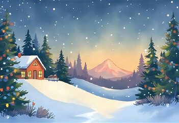 beautiful drawing/painting/illustration of christmas trees in a snowy coniferous forest with a wooden house