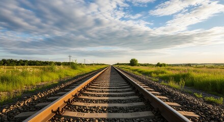 Endless Train Tracks Stretch Towards the Horizon Under a Blue Sky