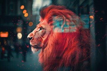 Striking Double Exposure Image of Lion with Fiery Red Mane Blending into Urban Background