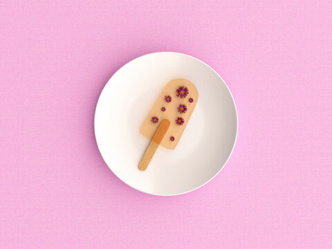 3d rendered ice cream with edible flowers on stick on white plate