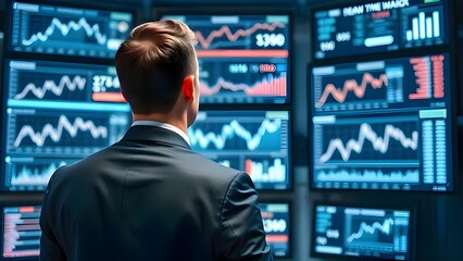 A business professional woman watches in front of digital screens (showing from back side only) displaying various market analytics and financial data.