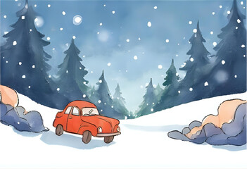 beautiful drawing/painting/illustration of a car in a snowy coniferous forest