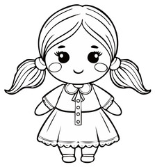 Cute girl with pigtails in a dress coloring book page black and white cartoon illustration