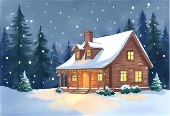 beautiful drawing/painting/illustration of a decorated wooden house in a snowy coniferous forest