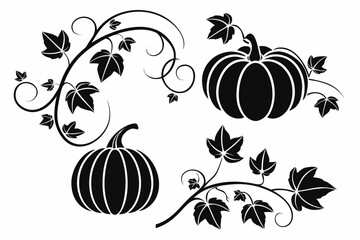Black Silhouette Pumpkins and Autumn Leaves Swirls.