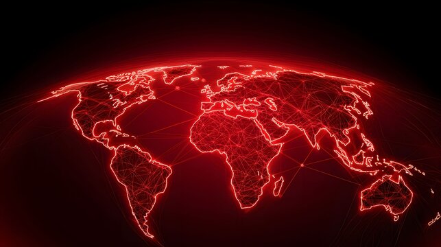 The image displays a red, glowing, geometric representation of a world map against a dark background, with connected lines highlighting continental boundaries.