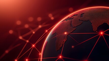 The image displays a digital globe illuminated with red dots, showing continents and connected by a network of red lines against a dark background, evoking themes of global connections.