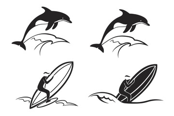 Dynamic Dolphin and Surfer Silhouettes in Action.