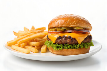 Juicy Cheeseburger with Fries on Plate, Classic American Meal