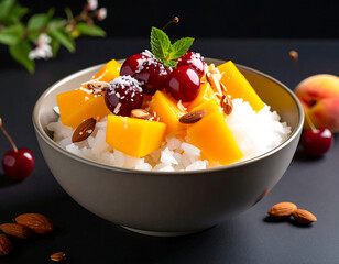 Bowl of rice with mango cherries and almonds
