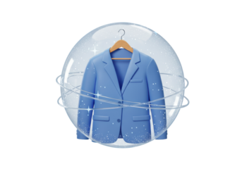 Isolated blue suit jacket on hanger inside a protective transparent bubble shield