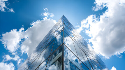 Modern Glass Skyscraper Reaching into Bright Blue Sky with White Clouds