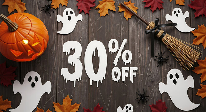 Halloween sale thirty percent off with pumpkins ghosts and brooms