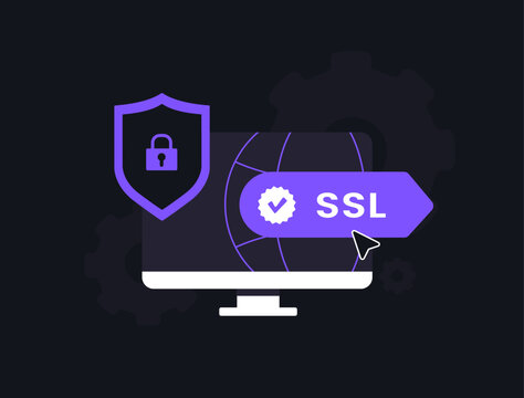 SSL security with Secure Sockets Layer protocol. HTTPS encryption, online privacy, web data protection, website security and safe internet connection for trusted browsing. Flat vector illustration