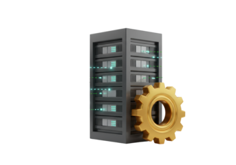 Isolated server rack setup, data processing optimization with computer server and golden cogwheel