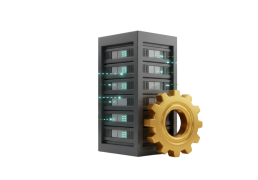 Isolated server rack setup, data processing optimization with computer server and golden cogwheel