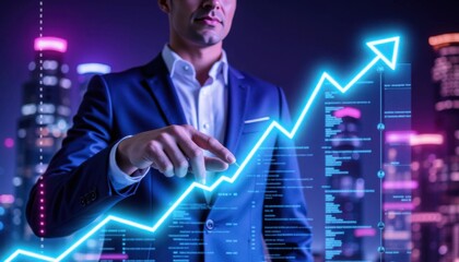 Business professional demonstrates futuristic data analytics in a thriving cityscape at night