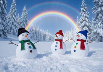Fototapeta premium Three Cute Snowmen in a Snowy Winter Wonderland with Rainbow 