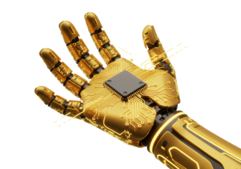 Isolated golden robot hand with circuit board, metallic hand prosthesis, futuristic technology