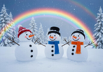 Obraz premium Three Cute Snowmen in a Snowy Winter Wonderland with Rainbow 