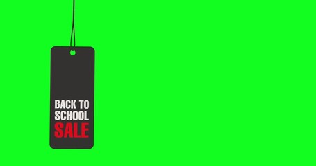 4k Resolution Video: Seasonal Shopping Concept. Back To School Sale Tag Hanging On Rope and Moving on Green Screen Background With Alpha Matte