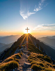 Cross on mountaintop sunrise