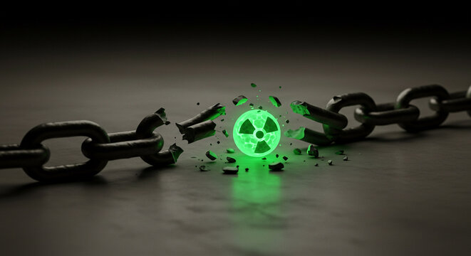 A broken metal chain with a glowing radioactive symbol at the point of breakage.