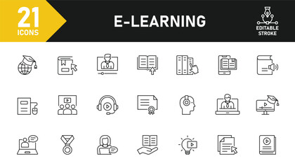 E-learning line icon set. Set of 21 outline icons related to e-learning, video lesson, e-book, knowledge, webinar,  training, online learning and others. Editable stroke. Vector illustration.