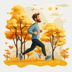 Vibrant Autumn Run: Smiling Man Exercising Amidst Golden Trees and Falling Leaves