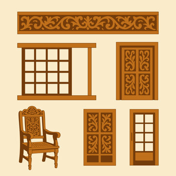 Traditional Filipino House Vector Set &ndash; Capiz Windows, Carved Wooden Furniture, and Heritage Details