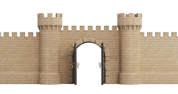 4k Resolution Video: Medieval Security Concept. Old Fortress Wall With Stone Towers And Opening Wooden Gate On White Background with Alpha Mate