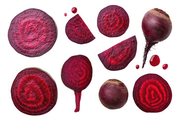 Fototapeta premium Whole and sliced beetroots with juice drops, isolated on transparent background