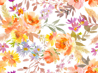 PNG Watercolor Seamless Floral Pattern with Abstract Hand-painted Autumn flowers. Autumn Floral textile design for fabric and stationary on a transparent background. Botanical wallpaper.