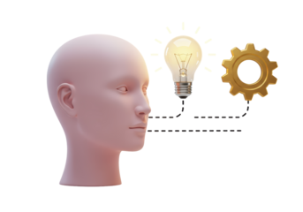 Isolated head with idea light bulb and golden gear symbolizing creativity process concept