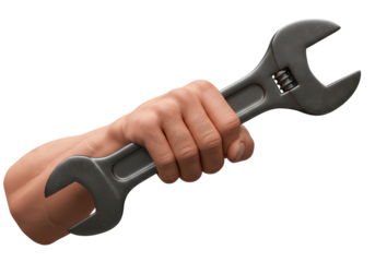 Isolated hand holding a metal adjustable wrench tool for repair works and maintenance