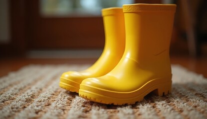 Bright yellow rain boots on a textured carpet in a cozy home interior, highlighting contrast, comfort, and practical everyday style, ideal for seasonal lifestyle visuals
